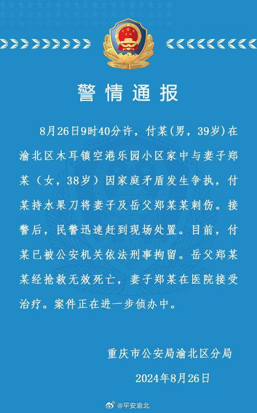 男子持刀刺死岳父刺伤妻子，重庆警方：嫌犯已刑拘